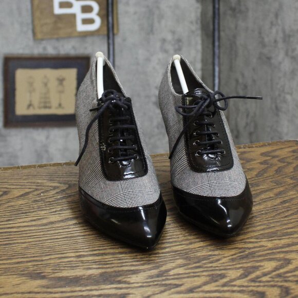 NWT Circa by Joan & David Vintage Lace Up Glen Plaid Heels Black Multi 6.5M - Picture 3 of 7